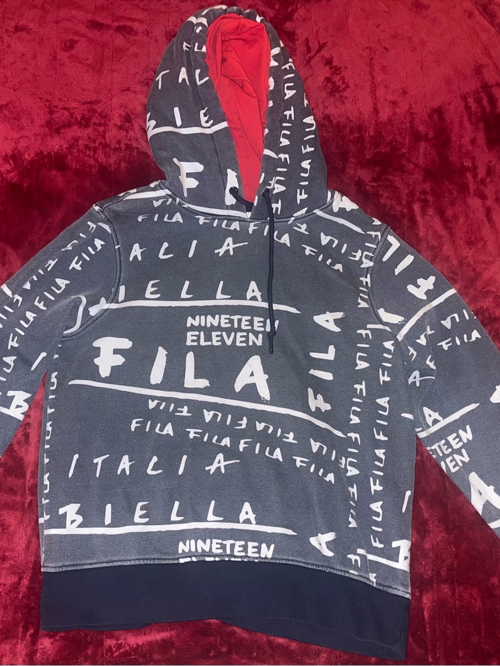 Fila Kids Gray Hoodie with White Logo Print and Red Lined Hood